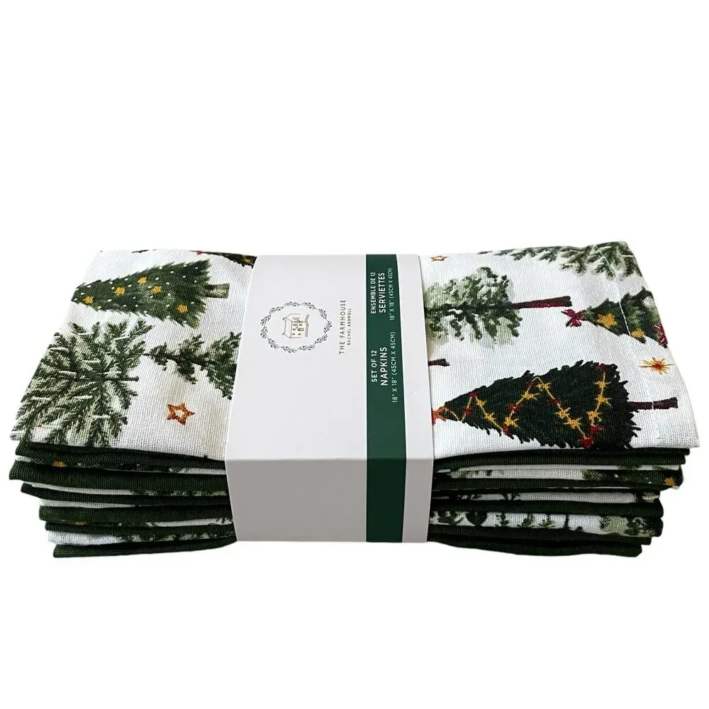 Rachel Ashwell Farmhouse CHRISTMAS TREE Cotton Napkins 12pc Green White New
